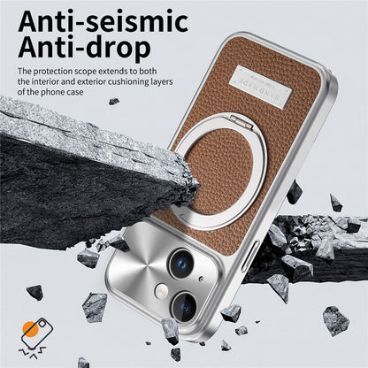 For iPhone 15 Magnetic Case Kickstand TPU+PC+PU Leather Litchi Texture Phone Back Cover