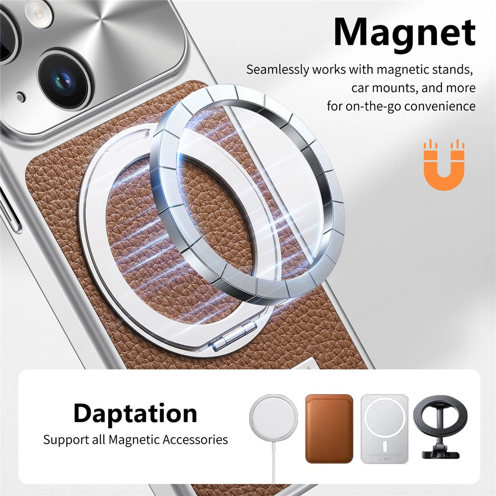 For iPhone 15 Magnetic Case Kickstand TPU+PC+PU Leather Litchi Texture Phone Back Cover