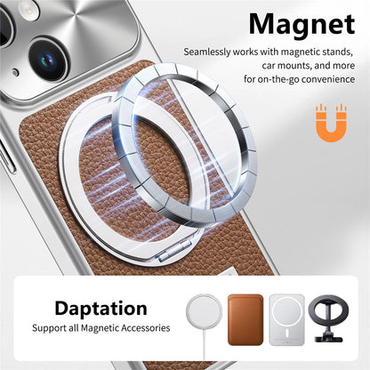 For iPhone 15 Magnetic Case Kickstand TPU+PC+PU Leather Litchi Texture Phone Back Cover