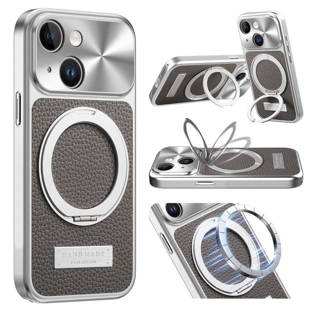 For iPhone 15 Magnetic Case Kickstand TPU+PC+PU Leather Litchi Texture Phone Back Cover