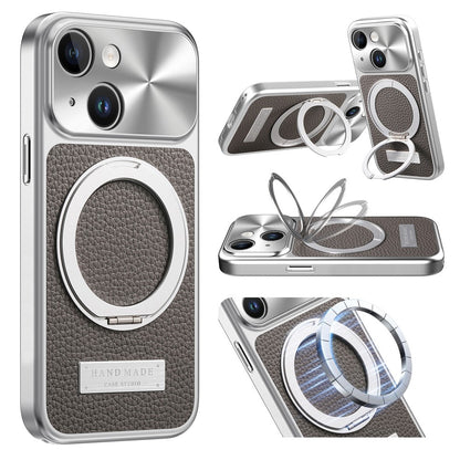 For iPhone 15 Magnetic Case Kickstand TPU+PC+PU Leather Litchi Texture Phone Back Cover