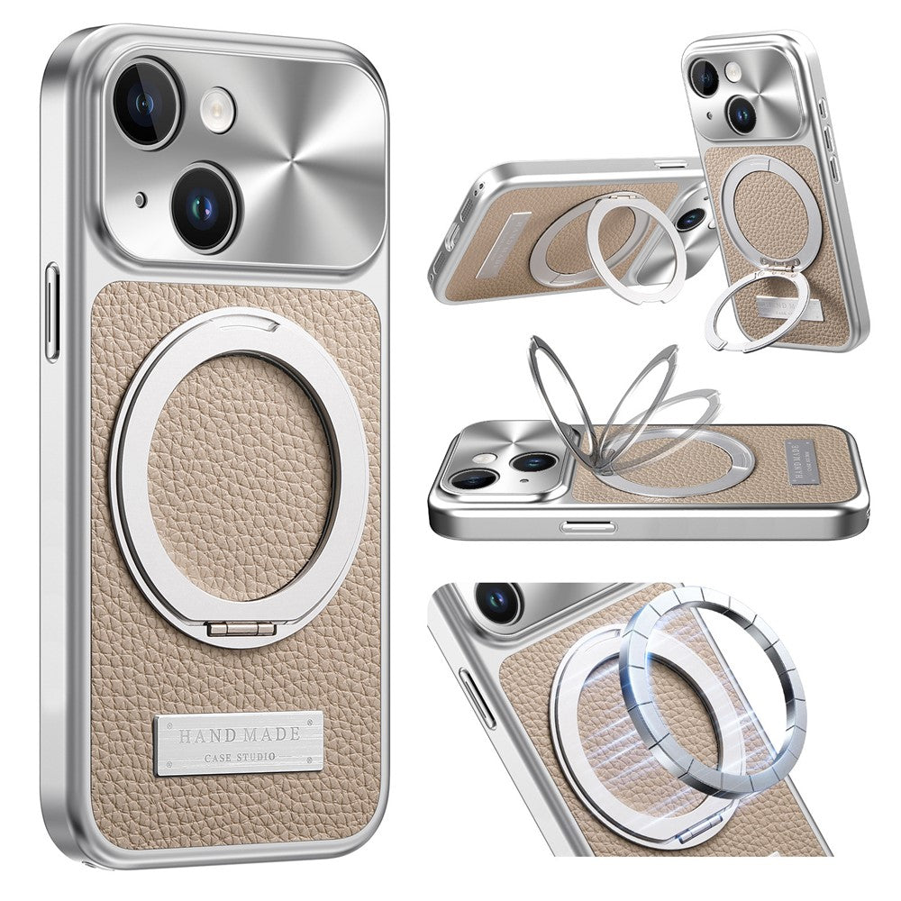 For iPhone 15 Magnetic Case Kickstand TPU+PC+PU Leather Litchi Texture Phone Back Cover