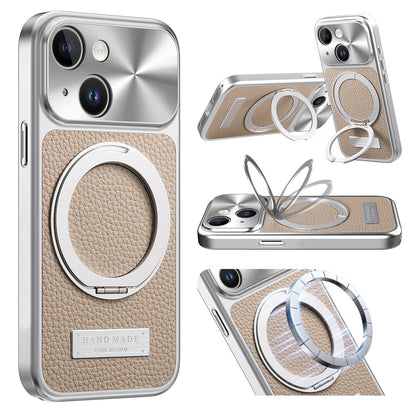For iPhone 15 Magnetic Case Kickstand TPU+PC+PU Leather Litchi Texture Phone Back Cover