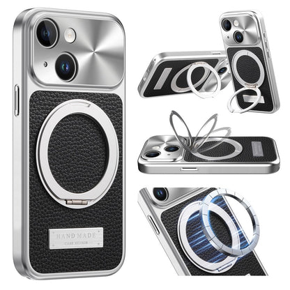 For iPhone 15 Magnetic Case Kickstand TPU+PC+PU Leather Litchi Texture Phone Back Cover