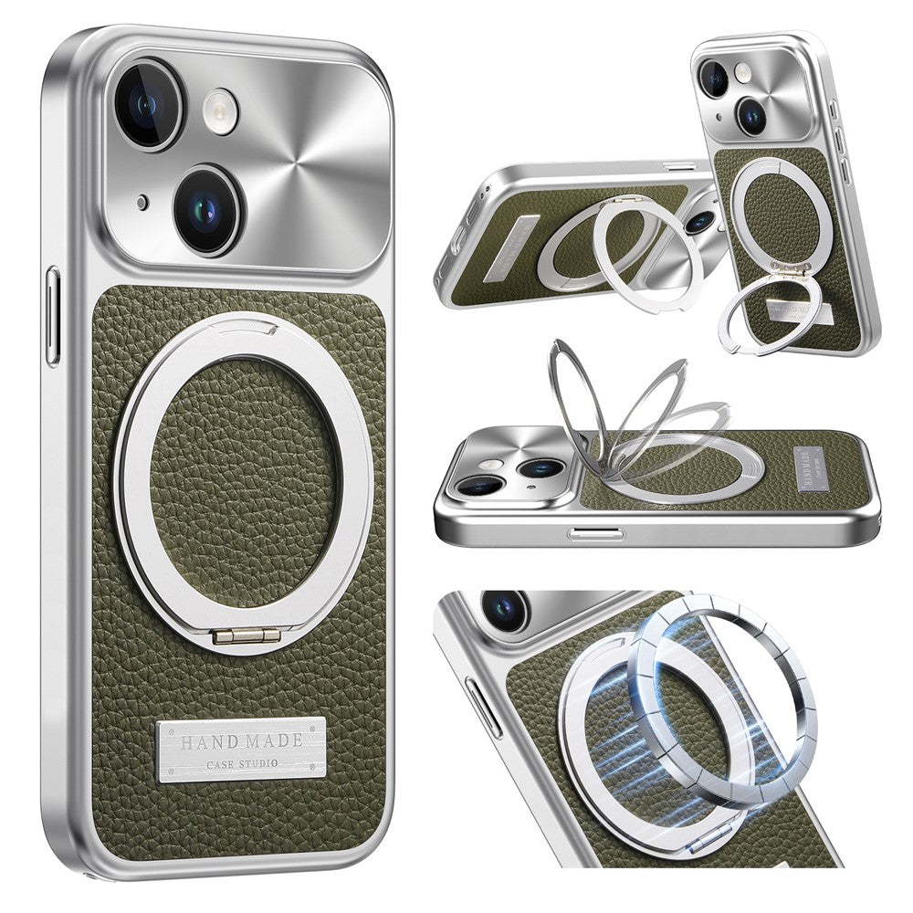 For iPhone 15 Magnetic Case Kickstand TPU+PC+PU Leather Litchi Texture Phone Back Cover
