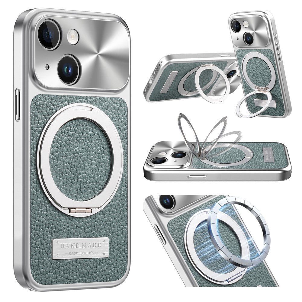 For iPhone 15 Magnetic Case Kickstand TPU+PC+PU Leather Litchi Texture Phone Back Cover