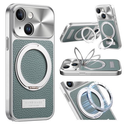 For iPhone 15 Magnetic Case Kickstand TPU+PC+PU Leather Litchi Texture Phone Back Cover