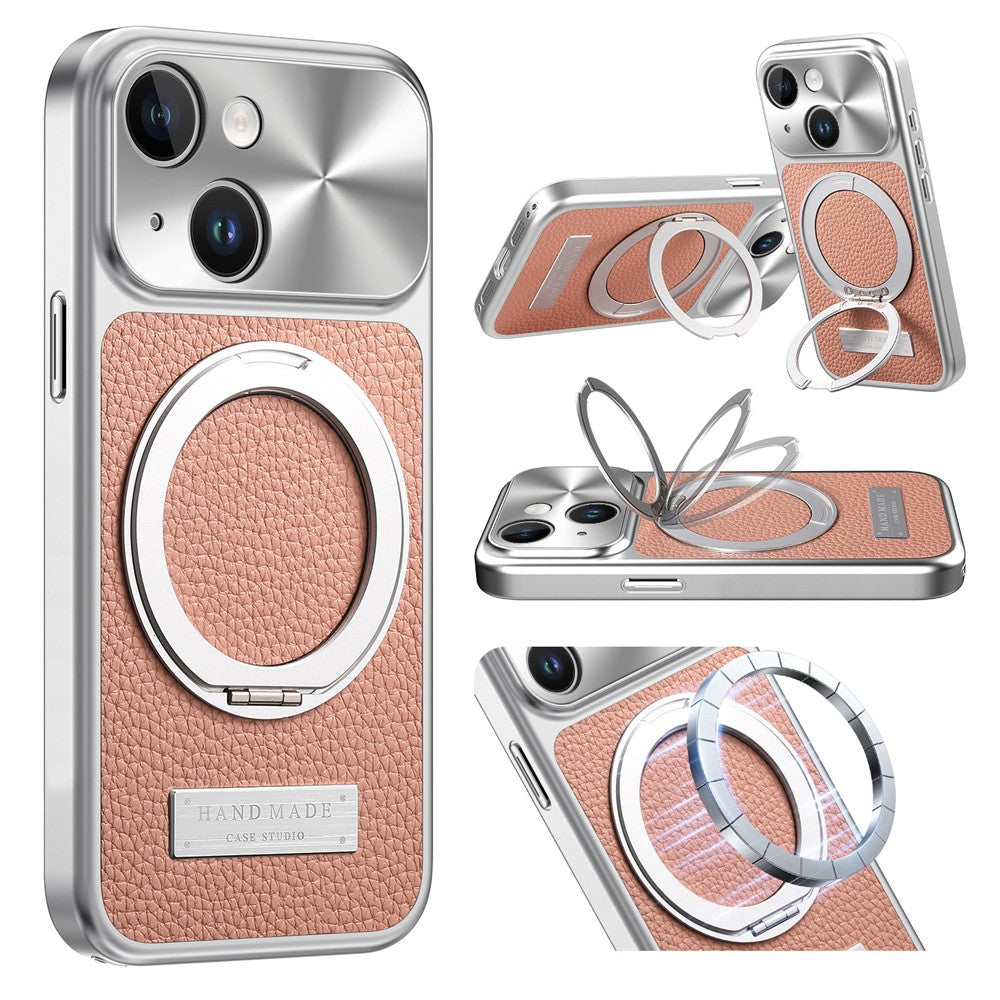 For iPhone 15 Magnetic Case Kickstand TPU+PC+PU Leather Litchi Texture Phone Back Cover