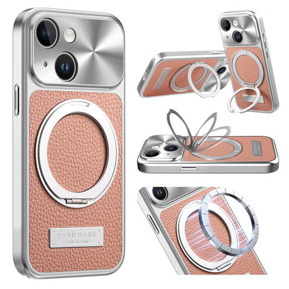For iPhone 15 Magnetic Case Kickstand TPU+PC+PU Leather Litchi Texture Phone Back Cover