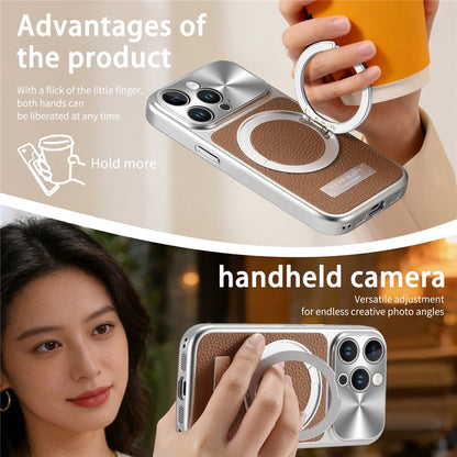 For iPhone 15 Pro Magnetic Case Kickstand TPU+PC+PU Leather Litchi Texture Phone Back Cover