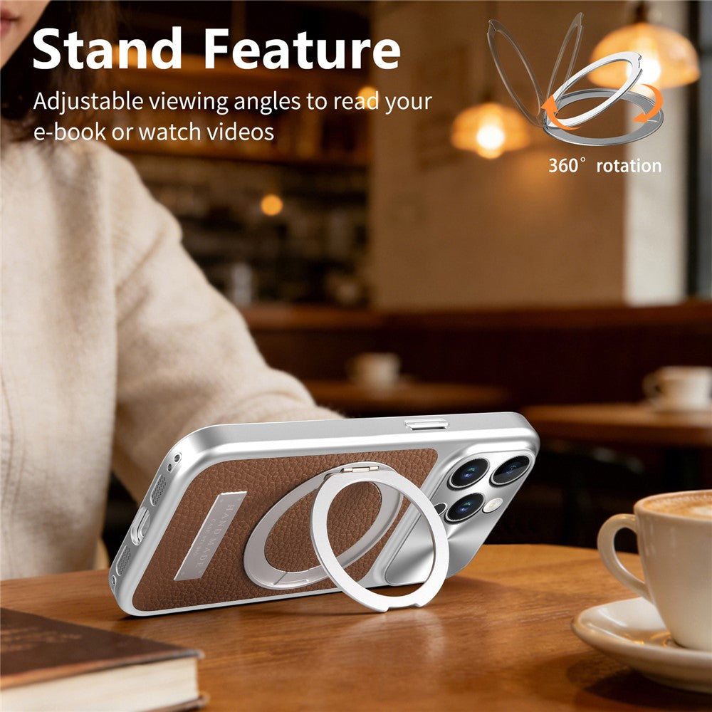 For iPhone 15 Pro Magnetic Case Kickstand TPU+PC+PU Leather Litchi Texture Phone Back Cover