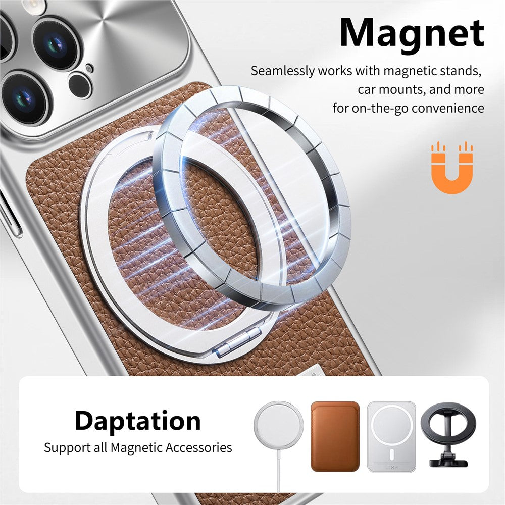 For iPhone 15 Pro Magnetic Case Kickstand TPU+PC+PU Leather Litchi Texture Phone Back Cover