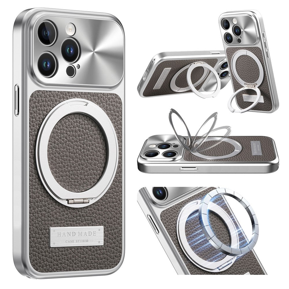 For iPhone 15 Pro Magnetic Case Kickstand TPU+PC+PU Leather Litchi Texture Phone Back Cover