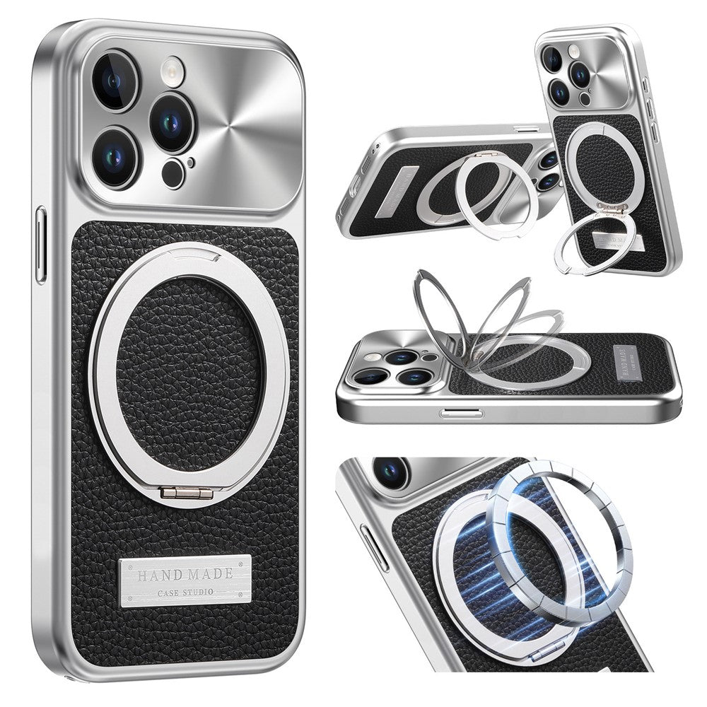 For iPhone 15 Pro Magnetic Case Kickstand TPU+PC+PU Leather Litchi Texture Phone Back Cover