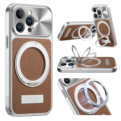 For iPhone 15 Pro Max Magnetic Case Kickstand TPU+PC+PU Leather Litchi Texture Phone Back Cover