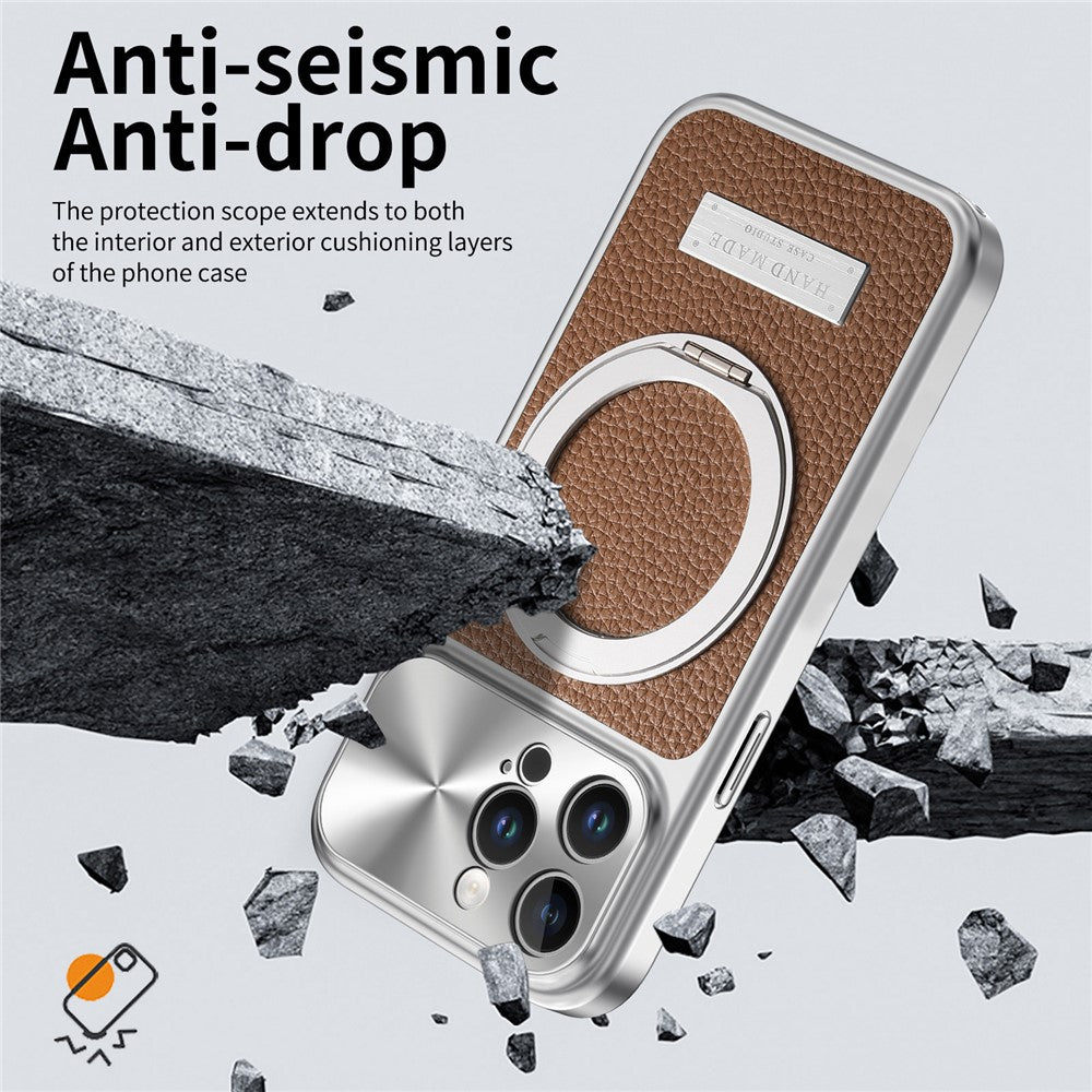 For iPhone 15 Pro Max Magnetic Case Kickstand TPU+PC+PU Leather Litchi Texture Phone Back Cover