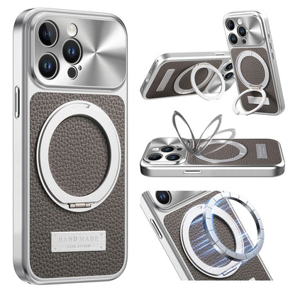 For iPhone 15 Pro Max Magnetic Case Kickstand TPU+PC+PU Leather Litchi Texture Phone Back Cover