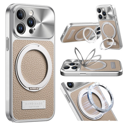 For iPhone 15 Pro Max Magnetic Case Kickstand TPU+PC+PU Leather Litchi Texture Phone Back Cover