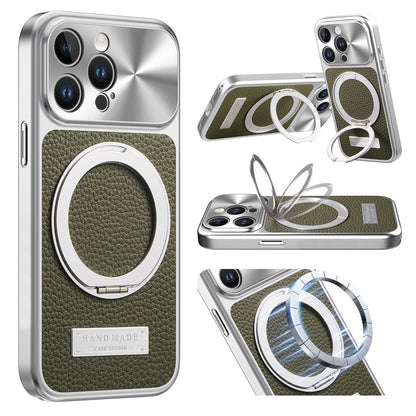 For iPhone 15 Pro Max Magnetic Case Kickstand TPU+PC+PU Leather Litchi Texture Phone Back Cover