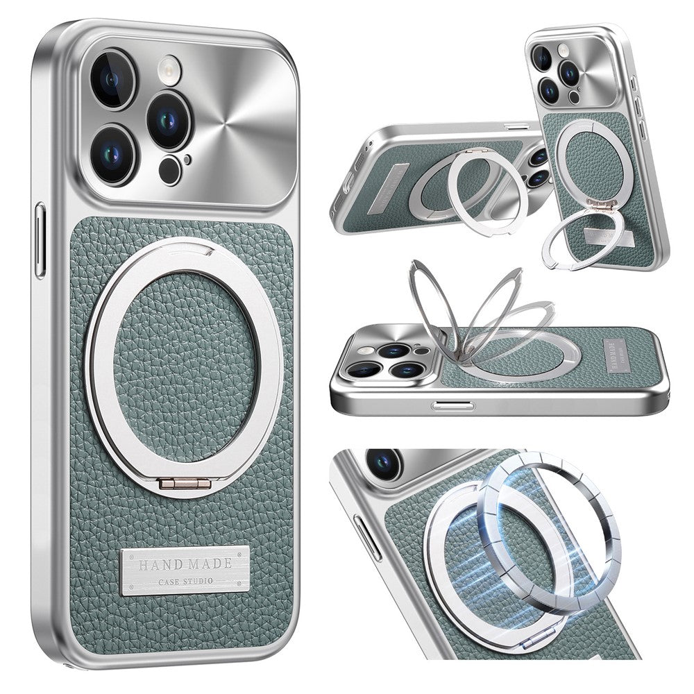 For iPhone 15 Pro Max Magnetic Case Kickstand TPU+PC+PU Leather Litchi Texture Phone Back Cover