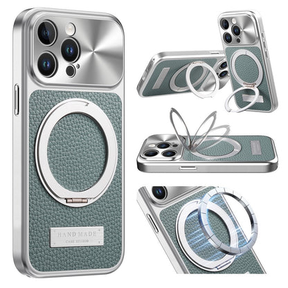 For iPhone 15 Pro Max Magnetic Case Kickstand TPU+PC+PU Leather Litchi Texture Phone Back Cover