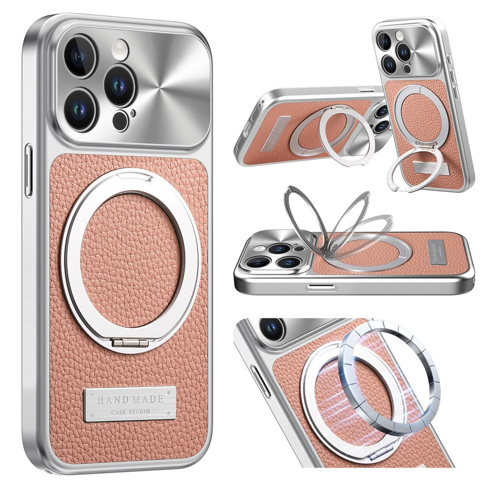 For iPhone 15 Pro Max Magnetic Case Kickstand TPU+PC+PU Leather Litchi Texture Phone Back Cover