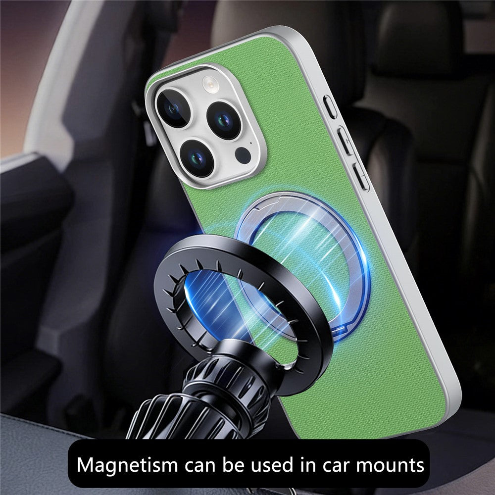 For iPhone 15 Pro Max Magnetic Case Ring Kickstand Fine Grid Texture Leather + PC + TPU Phone Cover