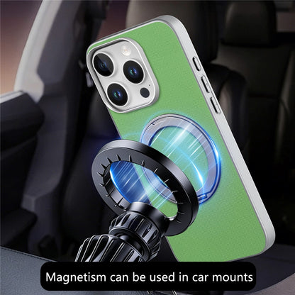 For iPhone 15 Pro Max Magnetic Case Ring Kickstand Fine Grid Texture Leather + PC + TPU Phone Cover