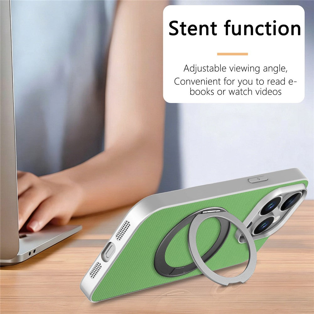 For iPhone 15 Pro Max Magnetic Case Ring Kickstand Fine Grid Texture Leather + PC + TPU Phone Cover