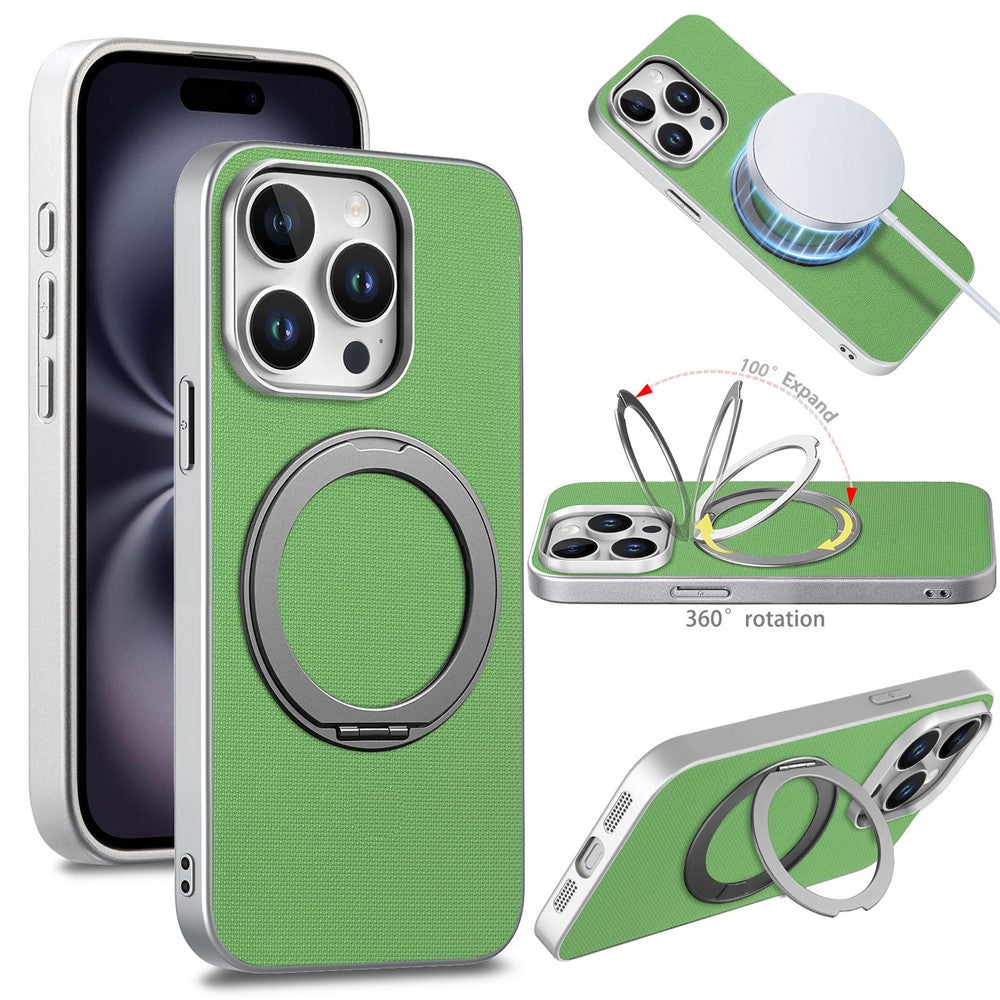 For iPhone 15 Pro Max Magnetic Case Ring Kickstand Fine Grid Texture Leather + PC + TPU Phone Cover