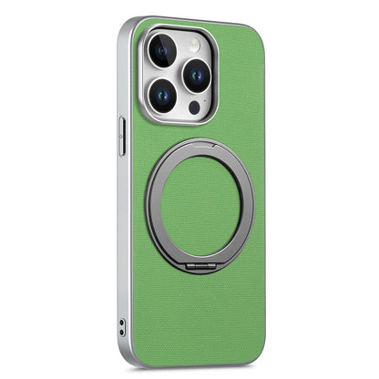 For iPhone 15 Pro Max Magnetic Case Ring Kickstand Fine Grid Texture Leather + PC + TPU Phone Cover