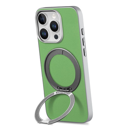 For iPhone 15 Pro Max Magnetic Case Ring Kickstand Fine Grid Texture Leather + PC + TPU Phone Cover