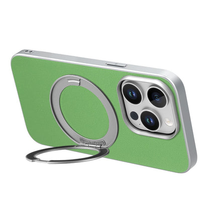For iPhone 15 Pro Max Magnetic Case Ring Kickstand Fine Grid Texture Leather + PC + TPU Phone Cover