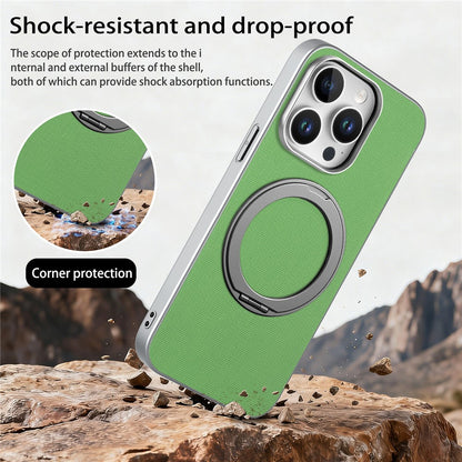 For iPhone 15 Pro Max Magnetic Case Ring Kickstand Fine Grid Texture Leather + PC + TPU Phone Cover