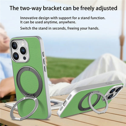 For iPhone 15 Pro Max Magnetic Case Ring Kickstand Fine Grid Texture Leather + PC + TPU Phone Cover