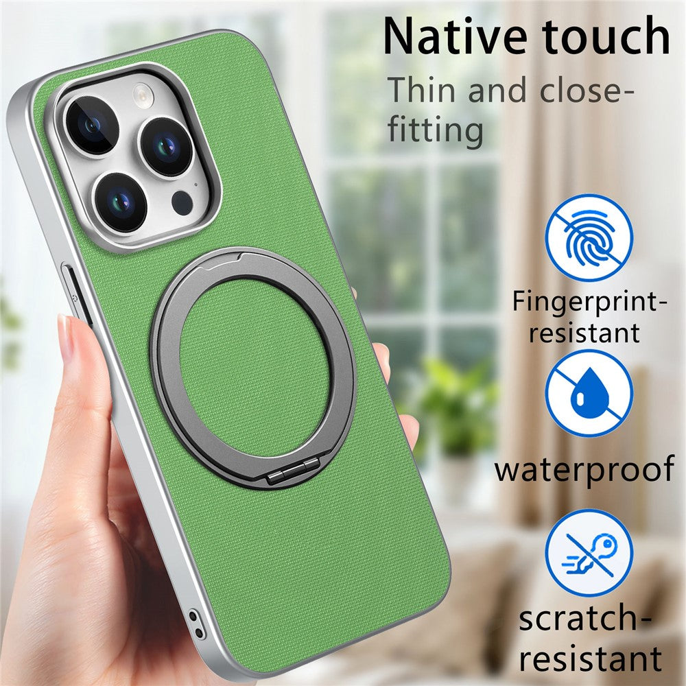 For iPhone 15 Pro Max Magnetic Case Ring Kickstand Fine Grid Texture Leather + PC + TPU Phone Cover