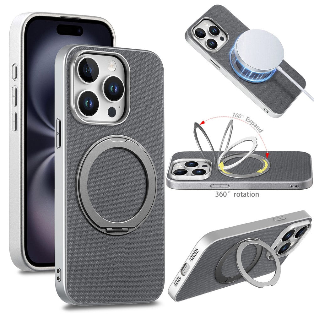 For iPhone 15 Pro Max Magnetic Case Ring Kickstand Fine Grid Texture Leather + PC + TPU Phone Cover