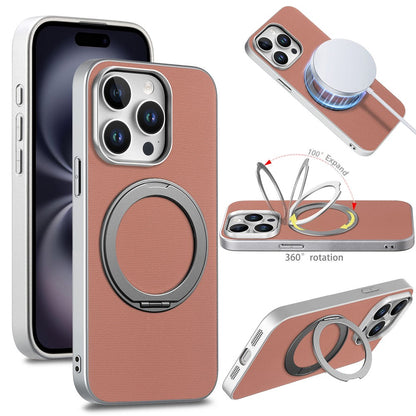 For iPhone 15 Pro Max Magnetic Case Ring Kickstand Fine Grid Texture Leather + PC + TPU Phone Cover