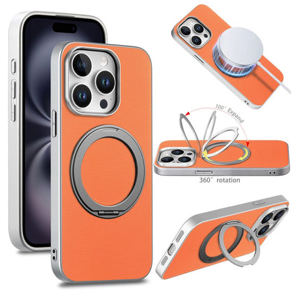 For iPhone 15 Pro Max Magnetic Case Ring Kickstand Fine Grid Texture Leather + PC + TPU Phone Cover