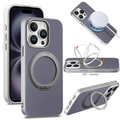 For iPhone 15 Pro Max Magnetic Case Ring Kickstand Fine Grid Texture Leather + PC + TPU Phone Cover