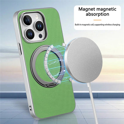 For iPhone 15 Pro Magnetic Case Ring Kickstand Fine Grid Texture Leather + PC + TPU Phone Cover