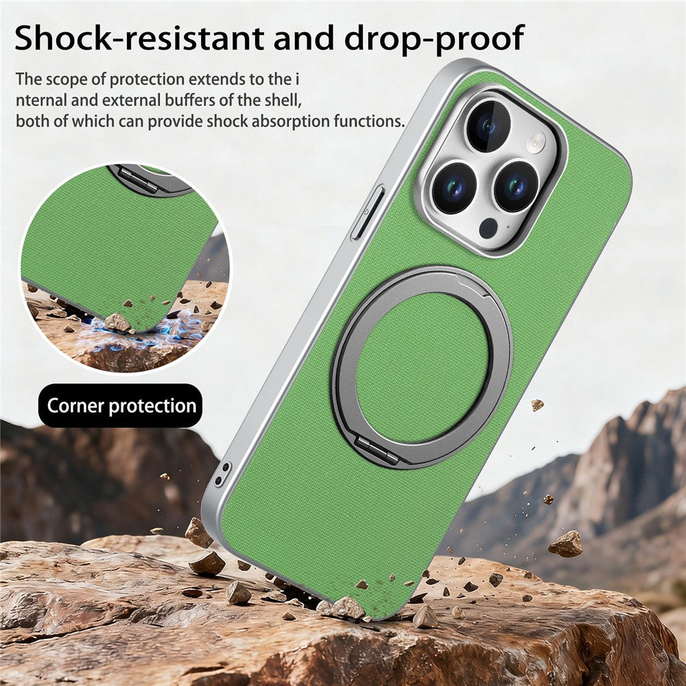 For iPhone 15 Pro Magnetic Case Ring Kickstand Fine Grid Texture Leather + PC + TPU Phone Cover