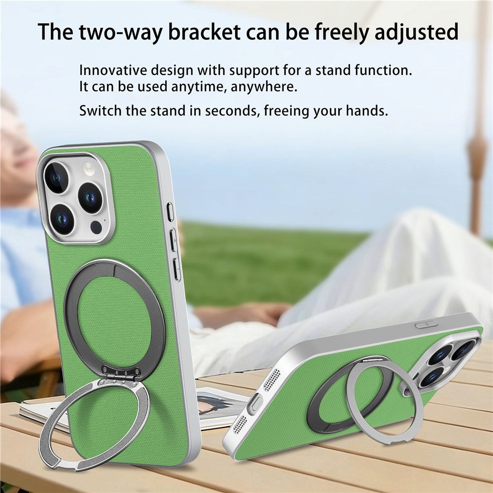 For iPhone 15 Pro Magnetic Case Ring Kickstand Fine Grid Texture Leather + PC + TPU Phone Cover