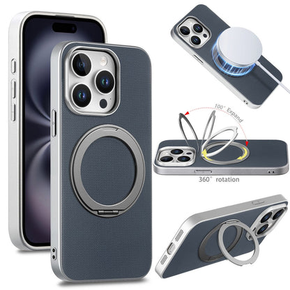 For iPhone 15 Pro Magnetic Case Ring Kickstand Fine Grid Texture Leather + PC + TPU Phone Cover
