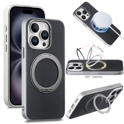 For iPhone 15 Pro Magnetic Case Ring Kickstand Fine Grid Texture Leather + PC + TPU Phone Cover