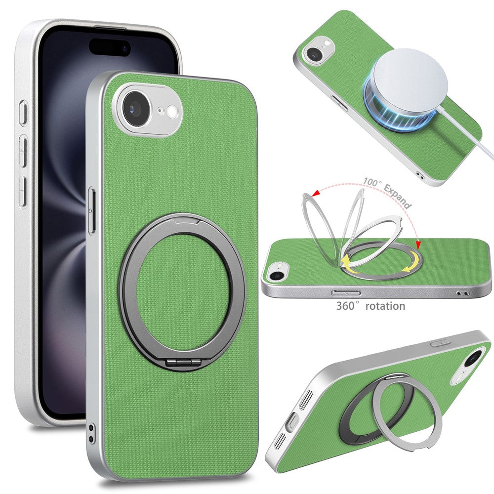 For iPhone 16e  /  17e Magnetic Case Ring Kickstand Fine Grid Texture Leather + PC + TPU Phone Cover