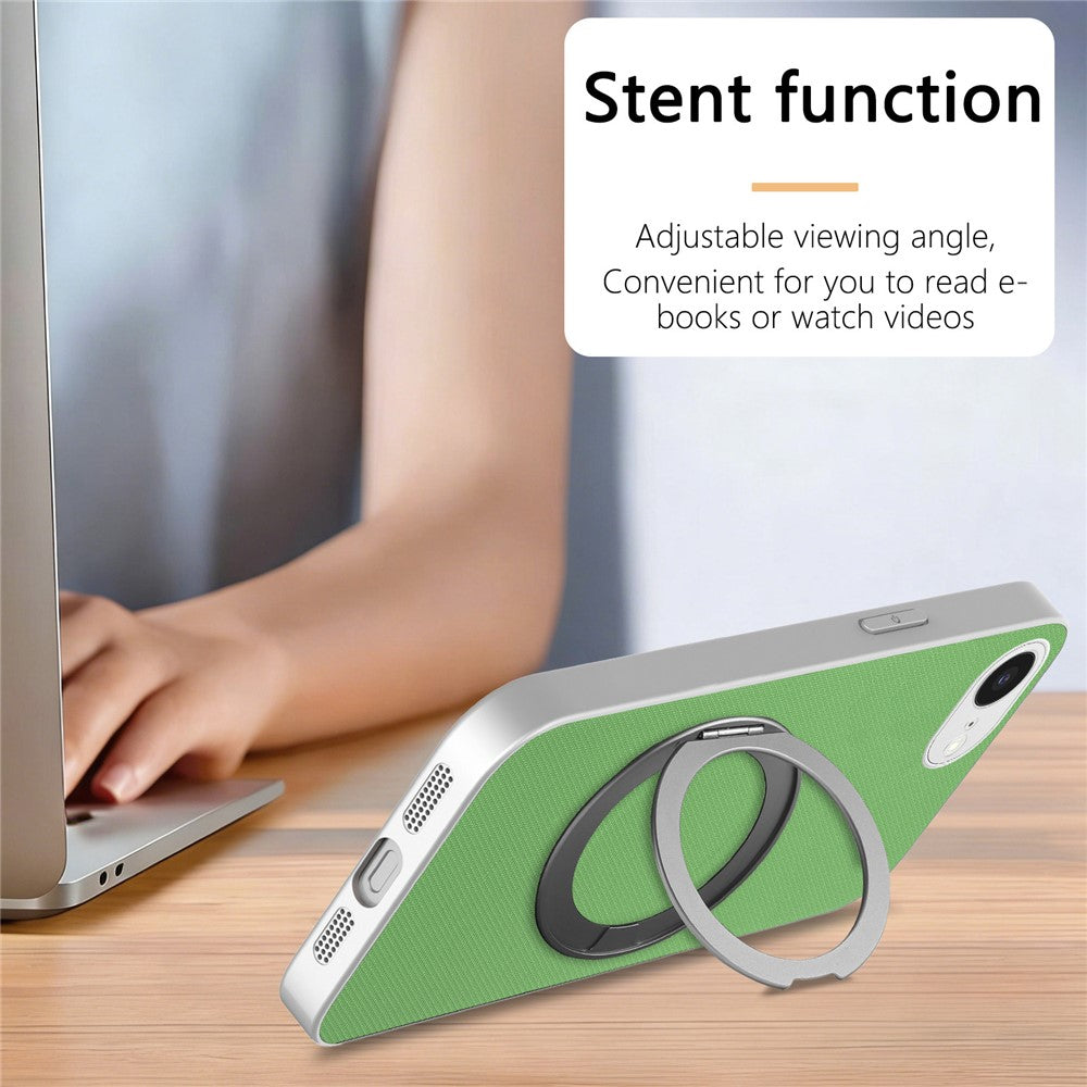 For iPhone 16e  /  17e Magnetic Case Ring Kickstand Fine Grid Texture Leather + PC + TPU Phone Cover