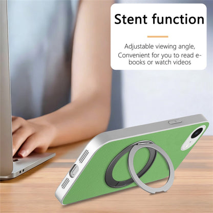 For iPhone 16e  /  17e Magnetic Case Ring Kickstand Fine Grid Texture Leather + PC + TPU Phone Cover