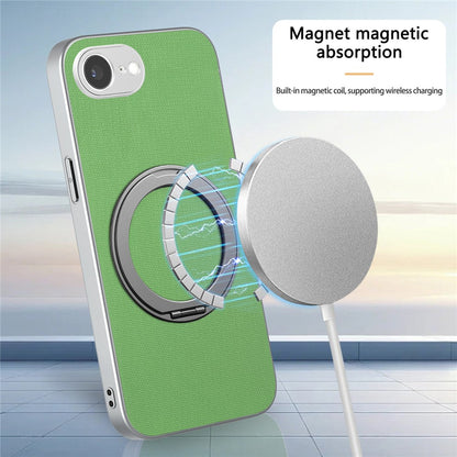 For iPhone 16e  /  17e Magnetic Case Ring Kickstand Fine Grid Texture Leather + PC + TPU Phone Cover