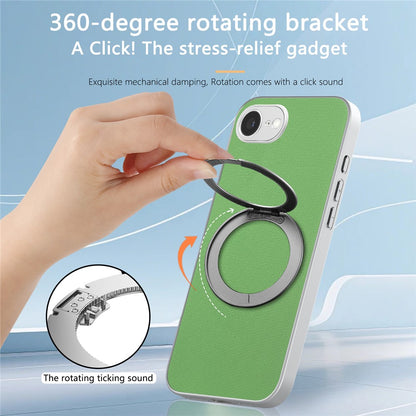 For iPhone 16e  /  17e Magnetic Case Ring Kickstand Fine Grid Texture Leather + PC + TPU Phone Cover